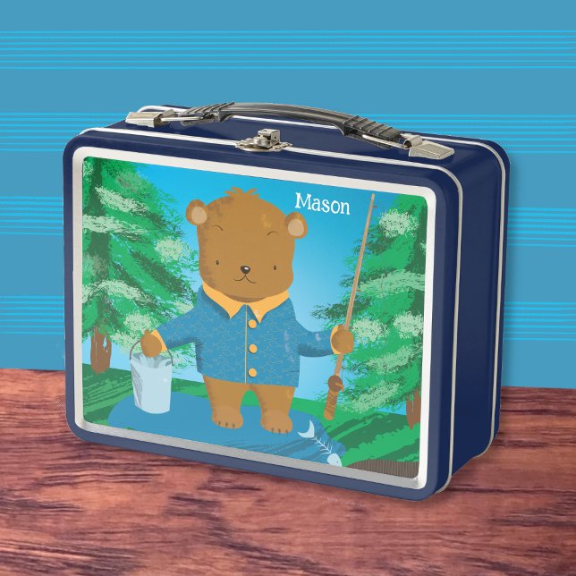 Pêche Brown Ours Kid Metal Lunchbox (Cartoon fishing brown bear kid lunch box with name . )