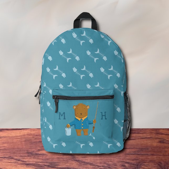Pêche Brown Ours Kid sac à dos bleu (Cute kid backpack with a fishing brown bear .)