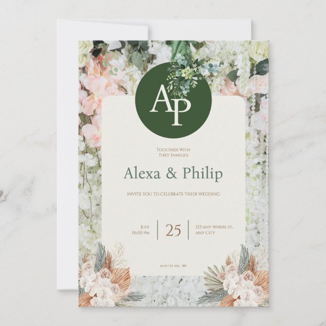 Pêche et Faire-part de mariage florale verte (Devant)