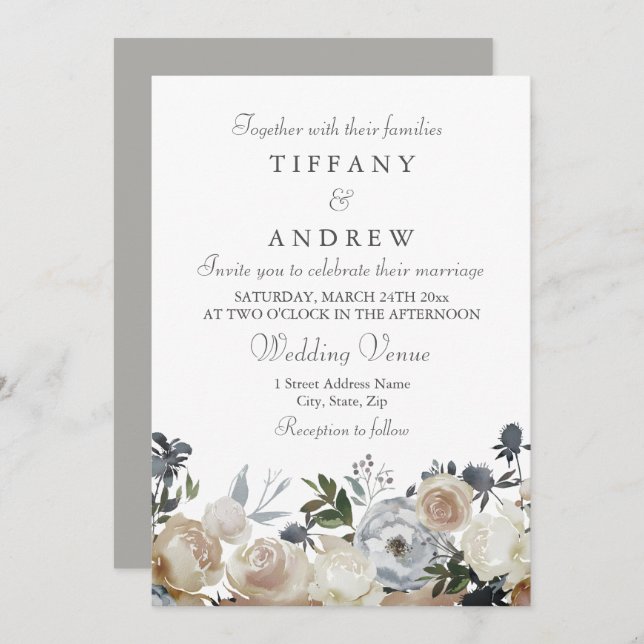 Pêche et Grey Élégant Mariage Invitation (Devant / Derrière)