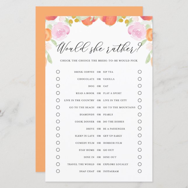 Pêche Floral Voudrait Mariée Plutôt Douche jeu (Devant / Derrière)