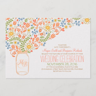 pêche mason jar corail fleurs mariage invitations 
