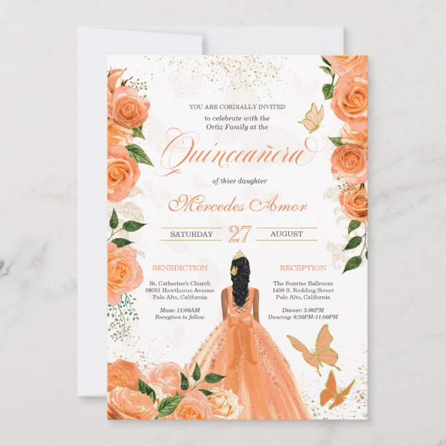Pêche Rose Floral Papillon Quinceanera Invitation (Devant)