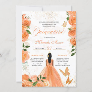 Pêche Rose Floral Papillon Quinceanera Invitation