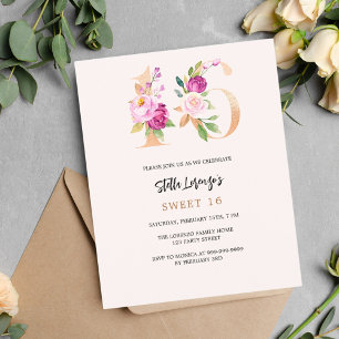 Pêche rose or floral Sweet 16 invitation budgétair