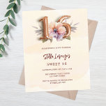 Pêche rose or pêche floral Sweet 16 invitation bud<br><div class="desc">Une invitation moderne, élégante et glamour pour un Sweet 16. Arrière - plan de pêche à l'eau, décoré d'une pêche et d'une fleur violette à l'eau. Le nom est écrit avec un script de style écrit à la main. Personnalisez et ajoutez les détails de votre fête. Le numéro 16 est...</div>