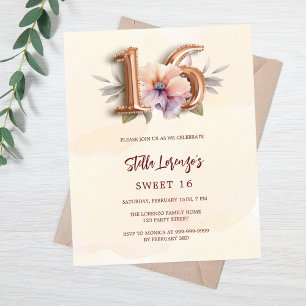 Pêche rose or pêche floral Sweet 16 invitation bud