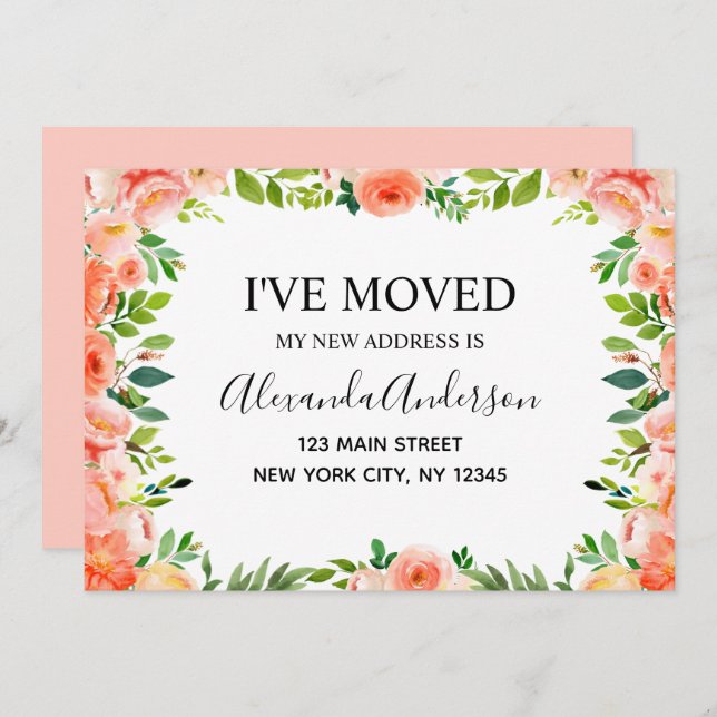 Pêcher Corail Floral Moving Faire-part (Devant / Derrière)