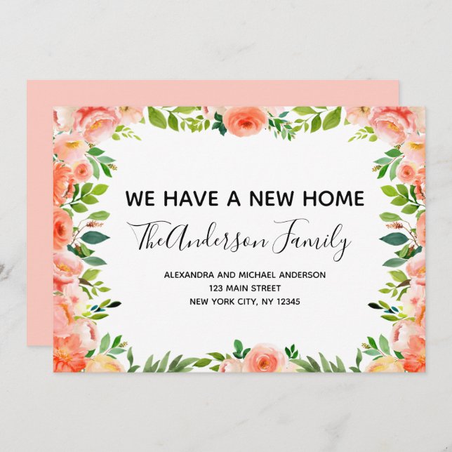 Pêcher Corail Floral Moving Faire-part (Devant / Derrière)