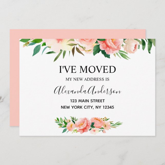 Pêcher Corail Floral Moving Faire-part (Devant / Derrière)