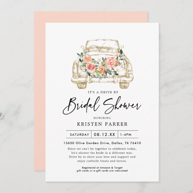Pêcher Floral Drive Par Bridal Shower Invitation (Devant / Derrière)