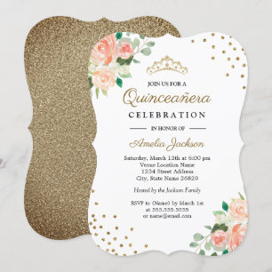 Pêcher or floral Confetti Quinceanera Invitation