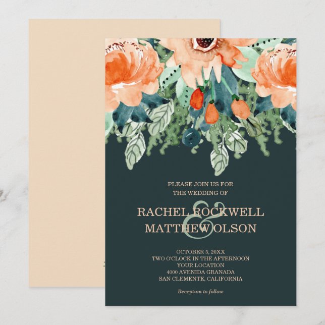 Pêcher Turquoise Floral Aquarelle Mariage Invitati (Devant / Derrière)