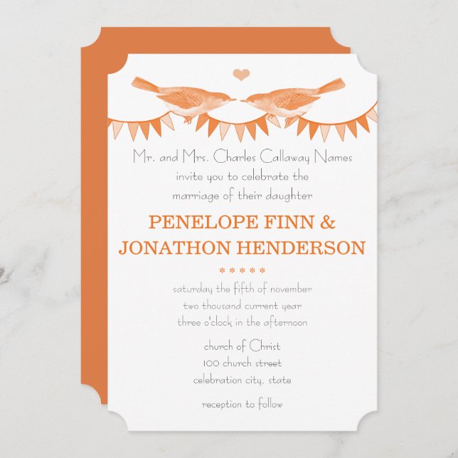 Pêcher Vintage Bird Bunting Invitations de mariage (Devant / Derrière)