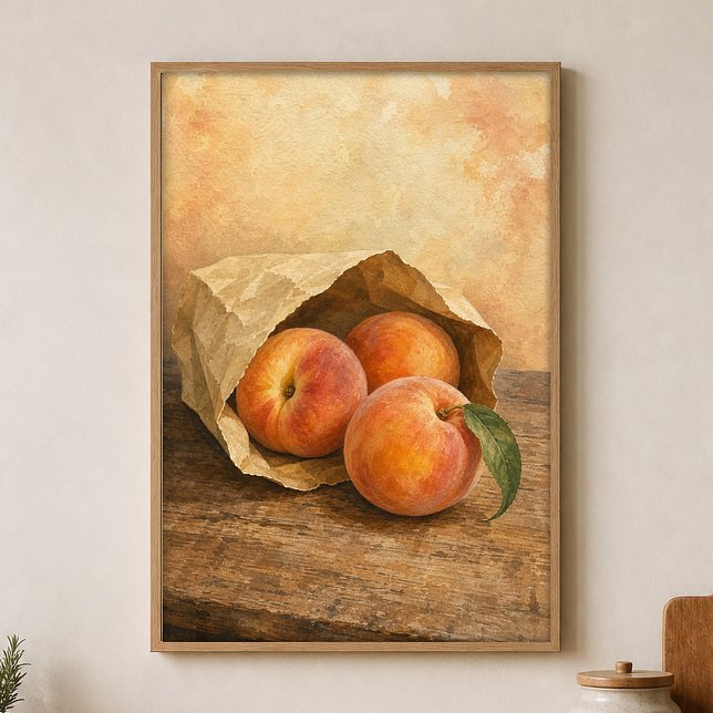 Pêches dans une Affiche Aquarelle de Sac en Papier (Shown framed for scale. Poster ships unframed; frames are an optional add-on.)