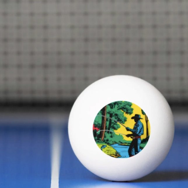 Pêcheur sur la berge  Balle de Ping Pong  (Retro Cowboy Fishing Riverside Scene ping pong ball. 3-star balls  ITTF's competition specifications)