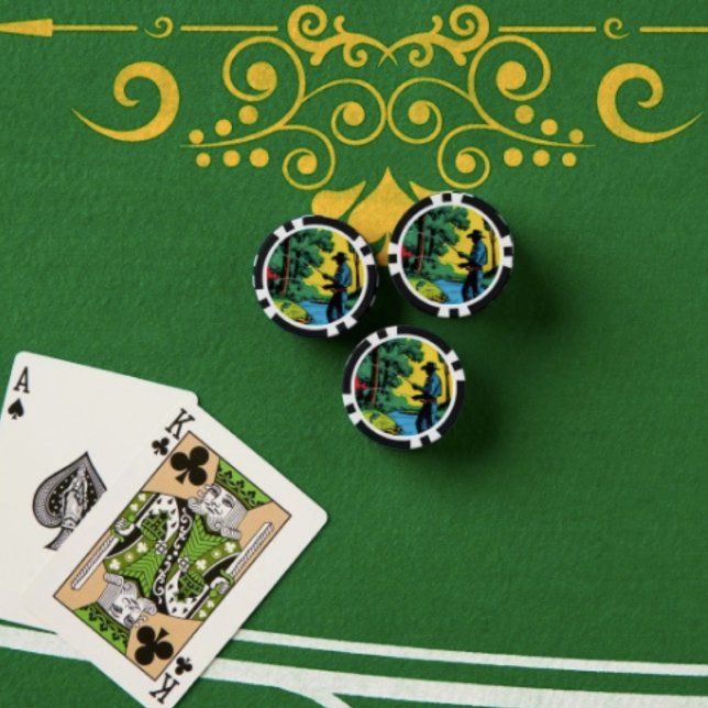 Pêcheur sur la berge  Jetons de poker (Retro Cowboy Fishing Poker Chips Full colour graphics textured surface easy stacking 9 colours. )