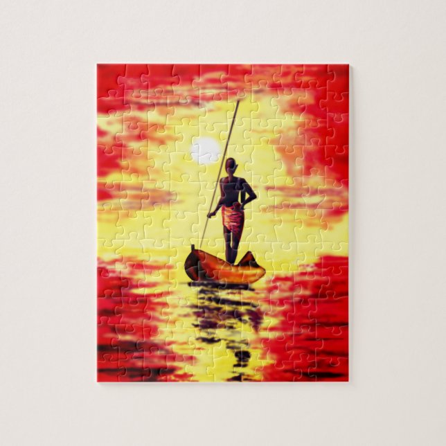 Pêcheur Sur Le Bateau Au Puzzle Coucher Du Soleil  (Vertical)