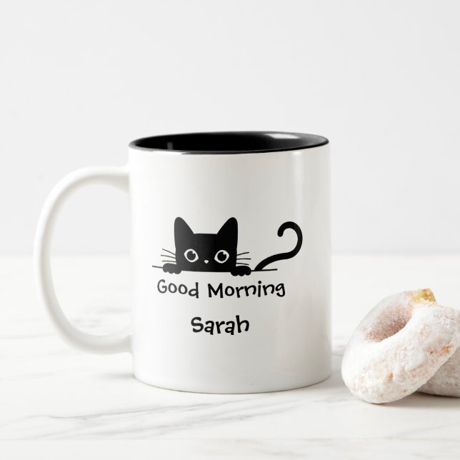 Peeking Black Cat Mug - Custom Text Coffee Cup (Avec donut)