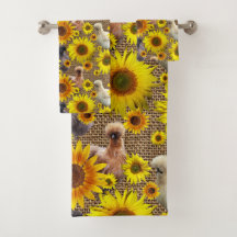 Peeking Silkies avec des tournesols sur Burlap