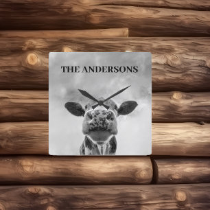 Peeking Vache Nuages Noir Blanc Carré Mur Horloge