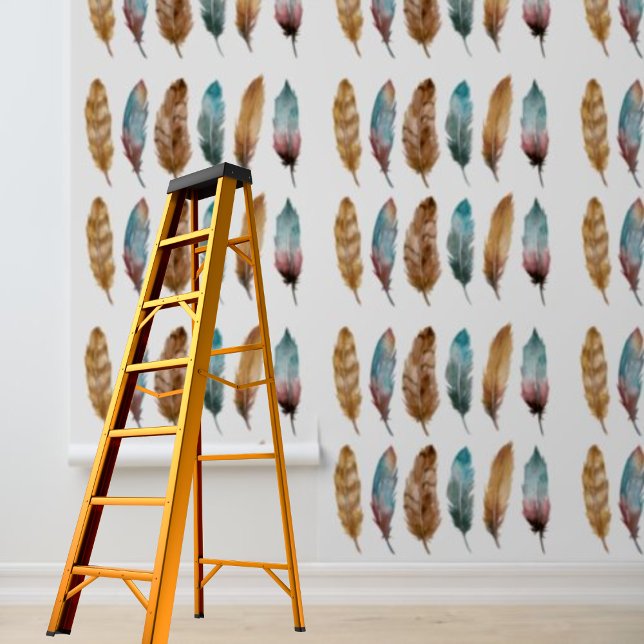 Peel et bâton papier peint bleu plumes brunes (Peel and stick wallpaper blue brown feathers wallpaper)