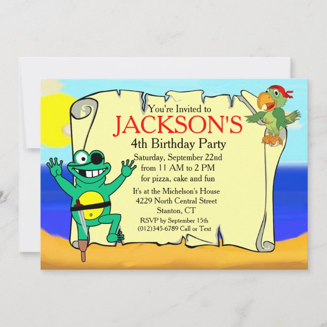 Pegleg Frog Pirate Parrot Anniversaire Invitation (Devant)