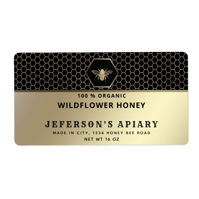 Peigne de miel moderne abeille en or Étiquette pot (Devant)