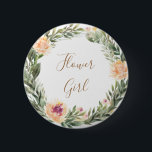Peine et Foliage Frame Fleur Badge Fille<br><div class="desc">Conçu pour se coordonner avec notre collection de cadres de pivoines et de feuillages, ce badge de fille de fleurs personnalisable présente des feuilles de pivoines et de feuillage avec une police moderne. Pour une personnalisation plus avancée de cette conception, par exemple la modification de la disposition, de la police...</div>