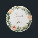 Peine et Foliage Frame Fleur Badge Fille<br><div class="desc">Conçu pour se coordonner avec notre collection de cadres de pivoines et de feuillages, ce badge de fille de fleurs personnalisable présente des feuilles de pivoines et de feuillage avec une police moderne. Pour une personnalisation plus avancée de cette conception, par exemple la modification de la disposition, de la police...</div>