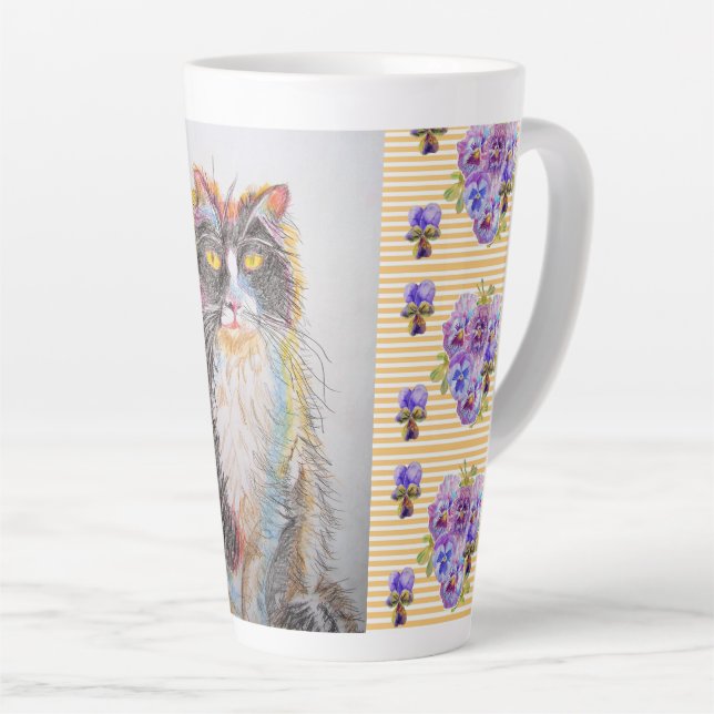 Peint à la main Jaune Tuxedo Chat floral Latte Mug (Angle droit)