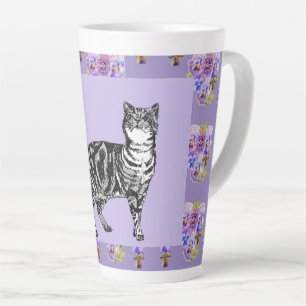 Peint à la main violet Tabby Chat floral Latte Mug
