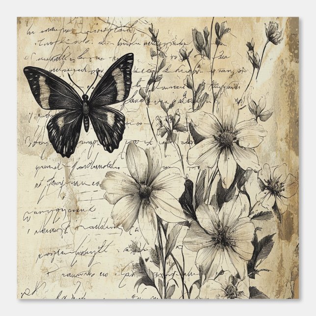 Peint Fleurs et papillons rustiques - Papier vieilli (1) (Recto)