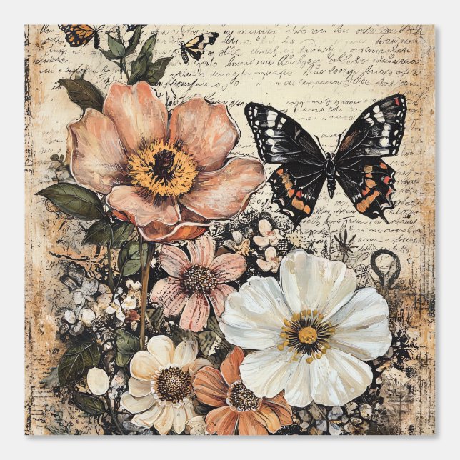 Peint Fleurs et papillons rustiques - Papier vieilli (14 (Recto)