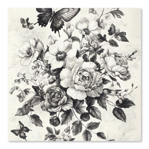 Peint Fleurs et papillons rustiques - Papier vieilli (3)