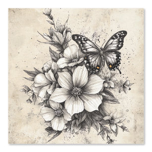 Peint Fleurs et papillons rustiques - Papier vieilli (5)