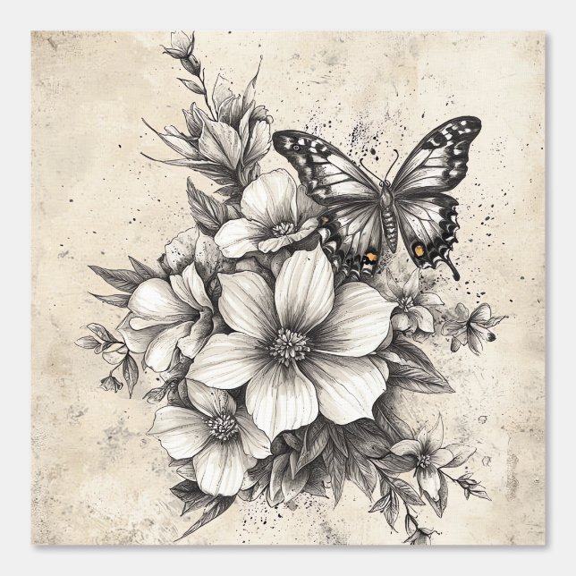 Peint Fleurs et papillons rustiques - Papier vieilli (5) (Recto)