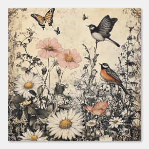 Peint Fleurs, oiseaux et papillons sur papier vieilli (1