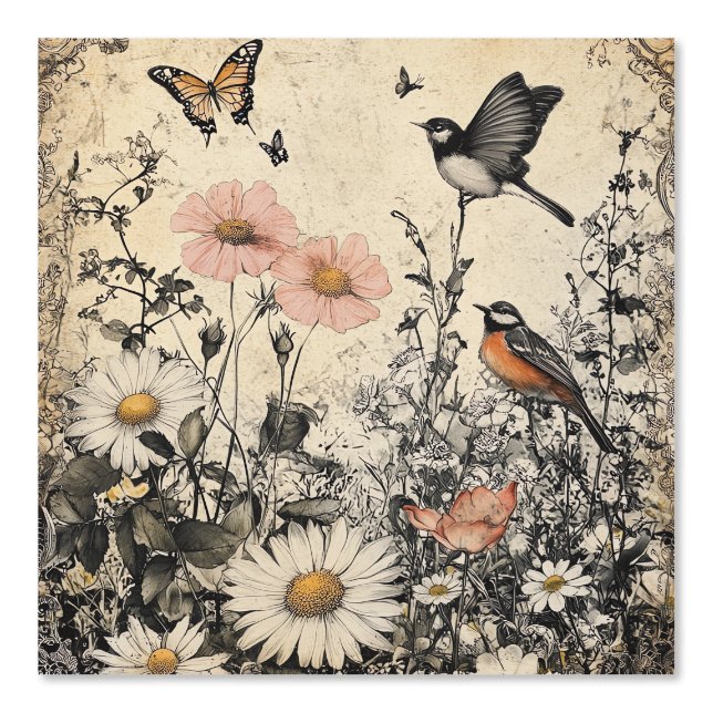 Peint Fleurs, oiseaux et papillons sur papier vieilli (1 (Recto)