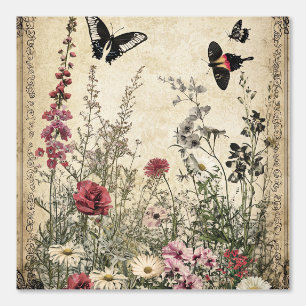 Peint Fleurs, oiseaux et papillons sur papier vieilli (2