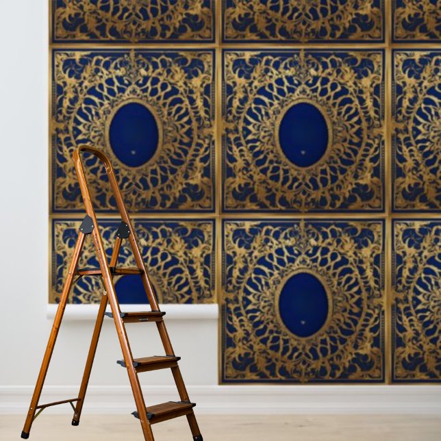 Peint Papier peel et collet bleu Motif dentelle or bleu (Peel and Stick Wallpaper Blue Gold Lace Pattern Wallpaper)
