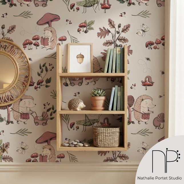 Peint Papier Toile Hérisson Enfants  (Hand-drawn fine-line Hedgehog Toile Kids Wallpaper features whimsical woodland hedgehogs.)