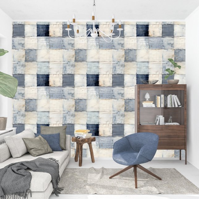 Peint Texture de papier de collage bleu indigo contempor (Contemporary blue indigo collage paper texture wallpaper)