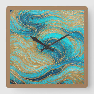 Peinture Abstraite pour Aqua Blues Mur Or Horloge