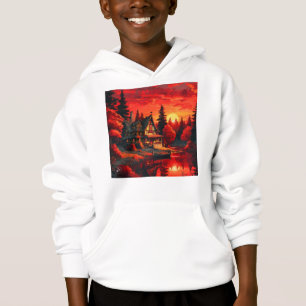Peinture coucher de soleil avec chalet et lac-6663