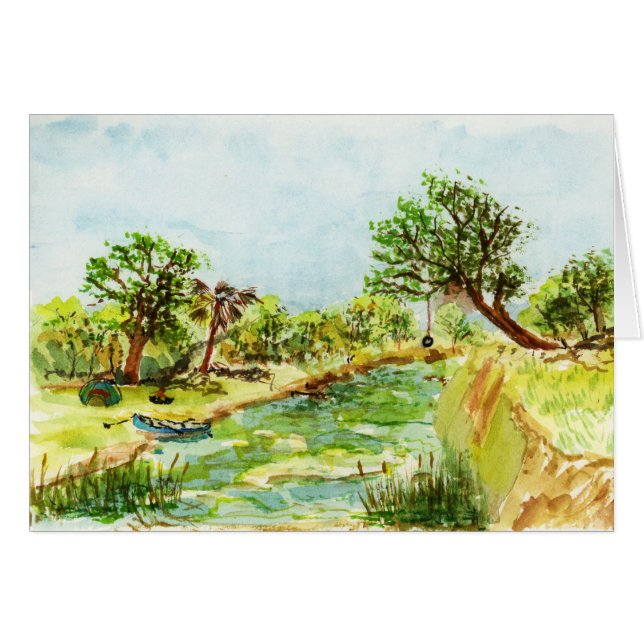 Peinture d'aquarelle de terrain de camping de rive (Devant Horizontal)