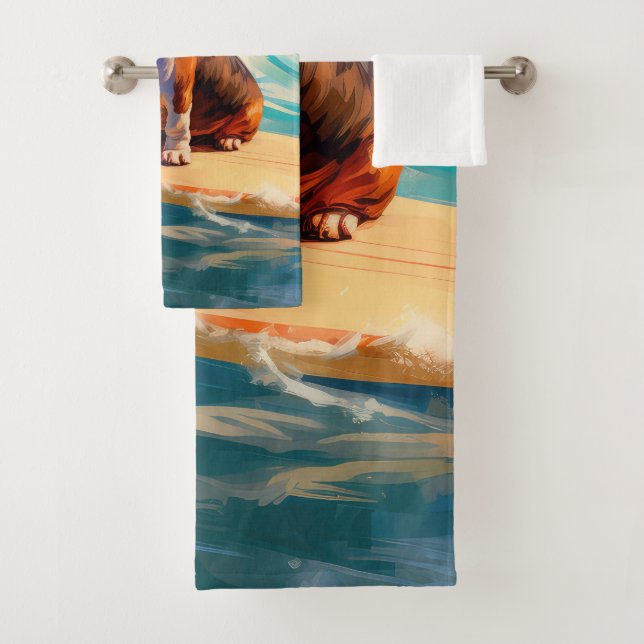 Peinture de Basset Hound faisant du Surf sur la Pl (En situation)