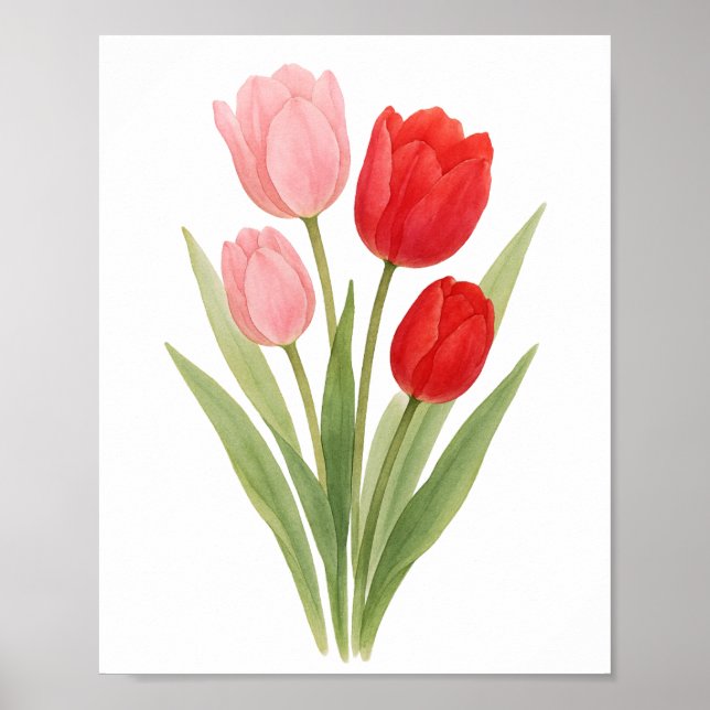 Peinture de belles tulipes roses rouges Art mural  (Devant)