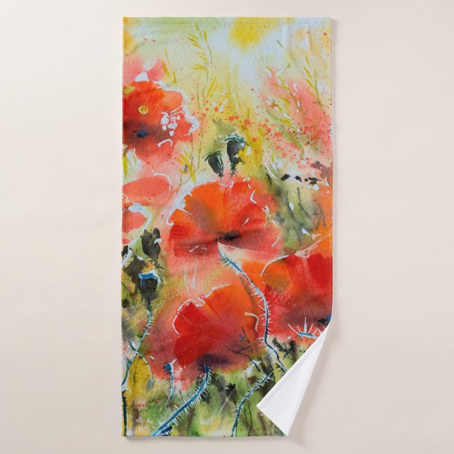 Peinture de fleurs de pavot rouge couleur eau. Fle (Serviette de bain)