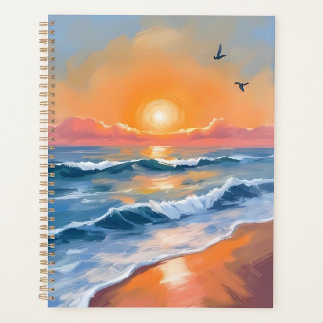 Peinture de plage à l'aquarelle du coucher de sole (Devant)